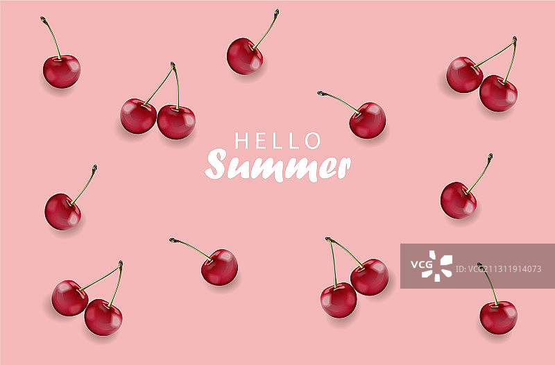 你好夏日横幅樱桃水果和玫瑰图片素材