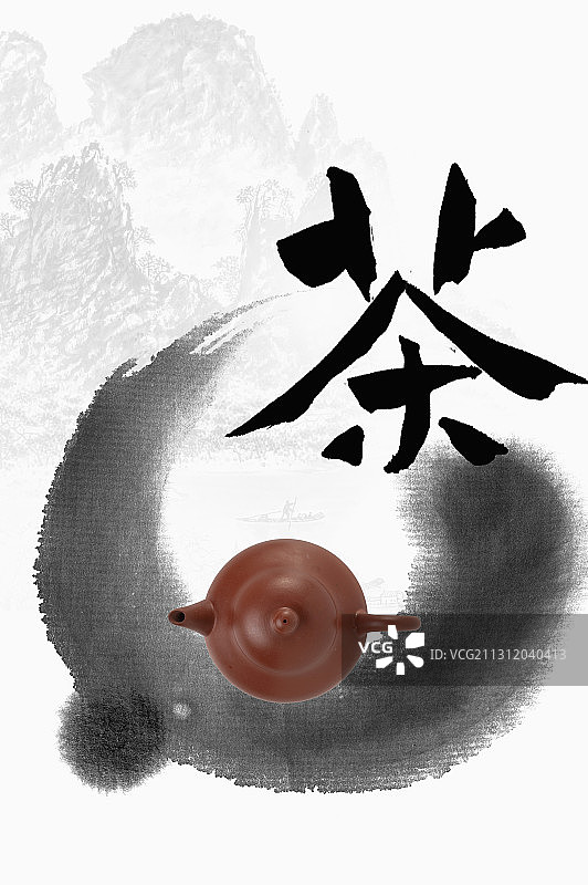 国画前的中国茶壶在太极图案中富有禅意的意境图片素材