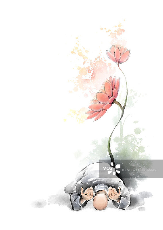 水墨画，高僧俯卧在粉红荷花和荷花旁边图片素材