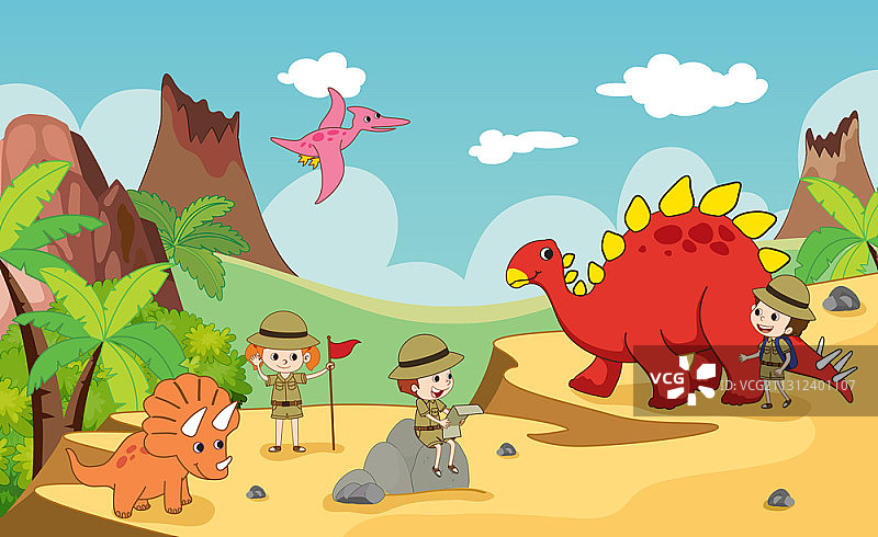 矢量插图的恐龙和儿童探索图片素材