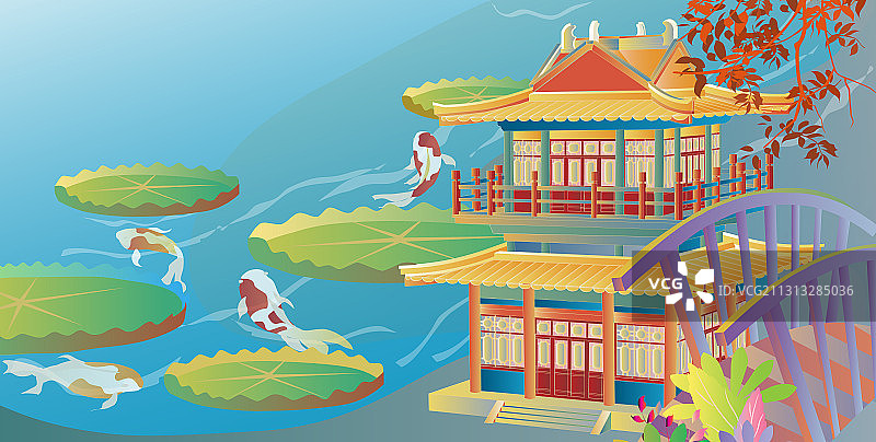 中国风古建筑荷塘锦鲤小桥楼阁矢量插画横版图片素材