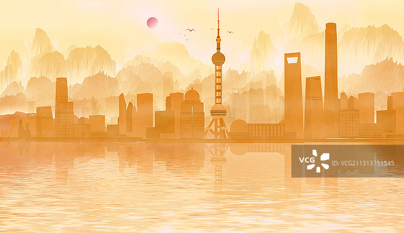 中国风的上海市建筑群插画图片素材