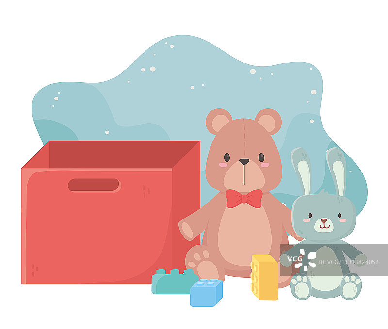 儿童玩具，泰迪熊，兔子，积木和盒子物体图片素材