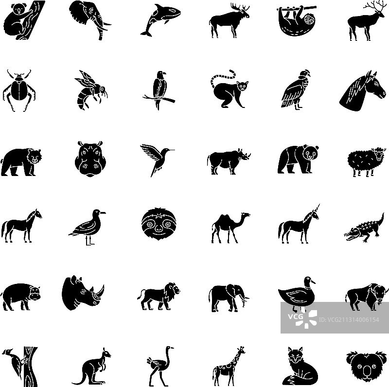 动物黑色象形文字图标设置在空白图片素材