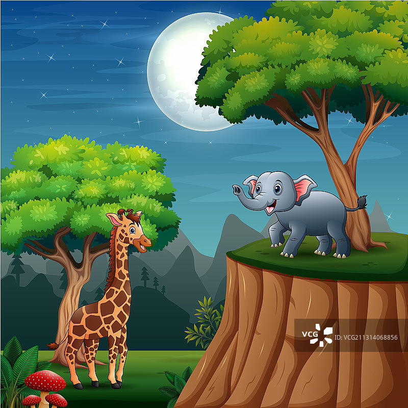 卡通野生动物在丛林景观图片素材