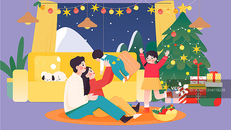 一家四口圣诞节在室内庆祝矢量插画海报横图图片素材