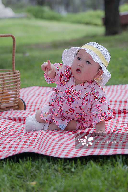 野外草坪野餐垫上的红粉女婴小佳人图片素材