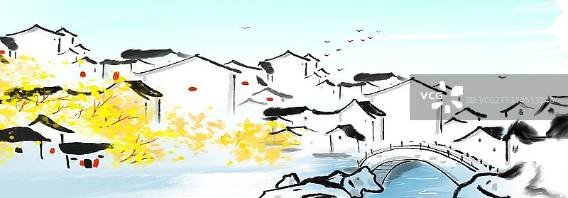 江南水乡水墨中国画旅游风光插画图片素材