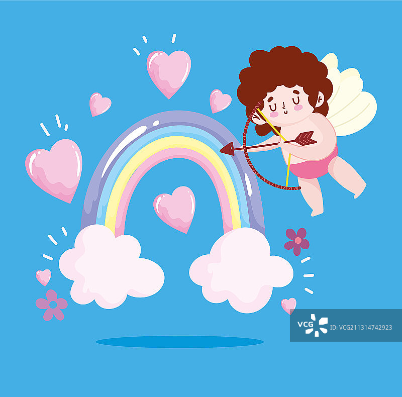 爱神丘比特用弓和箭射中彩虹的心图片素材
