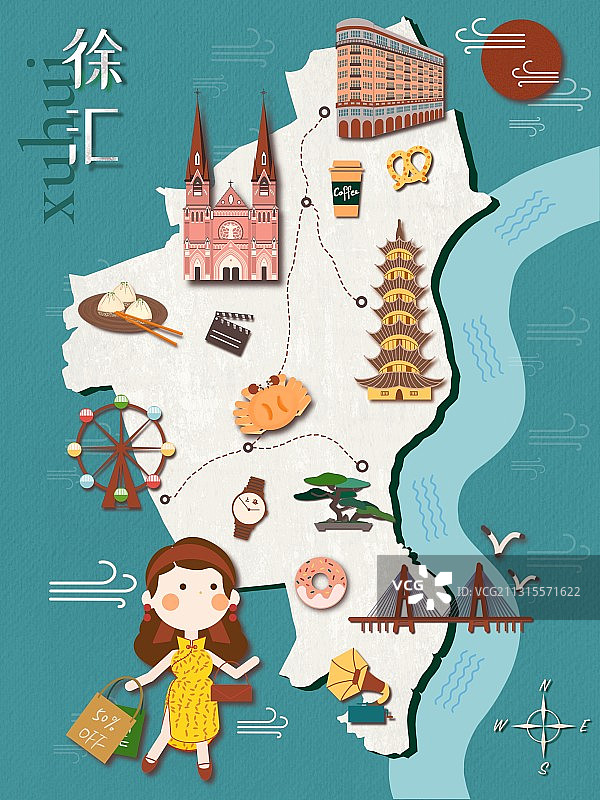 上海徐汇区地图插画图片素材