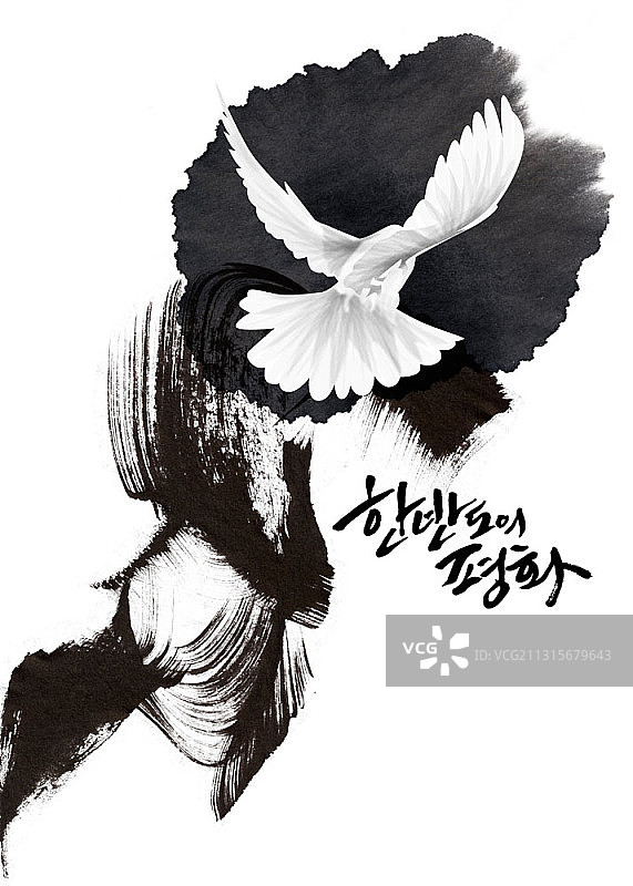 白鸽飞翔的水墨画和黑白背景的书法图片素材