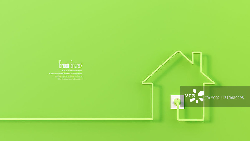 绿色插头和电缆的房子形状的3D渲染图片素材