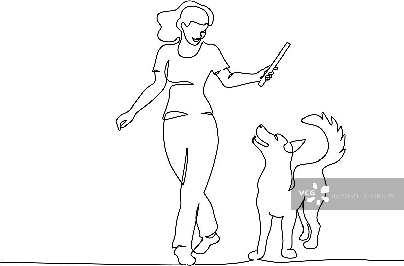 女人用木棍连续训狗一行图片素材
