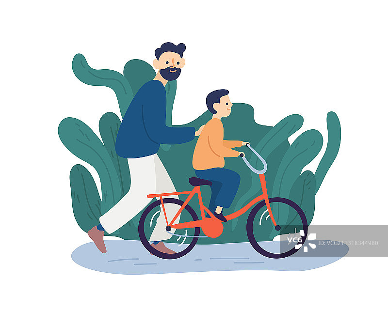 快乐的爸爸教小儿子骑自行车图片素材