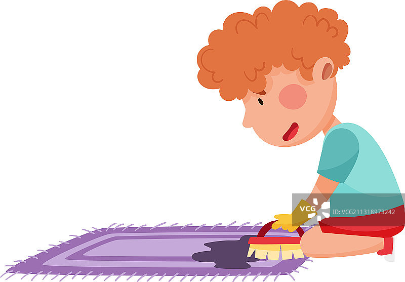 小男孩忙于家务擦洗地毯图片素材