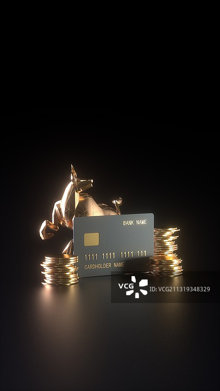 3D渲染黑底背景前的银行卡与金牛图片素材