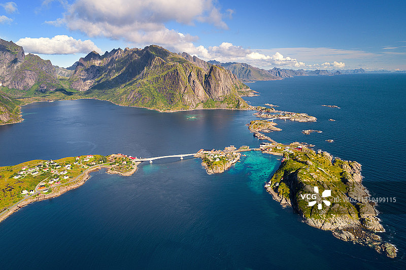 欧洲挪威罗浮敦的莫斯克内索亚岛，莱因岛和奥斯廷登岛的航拍照片图片素材