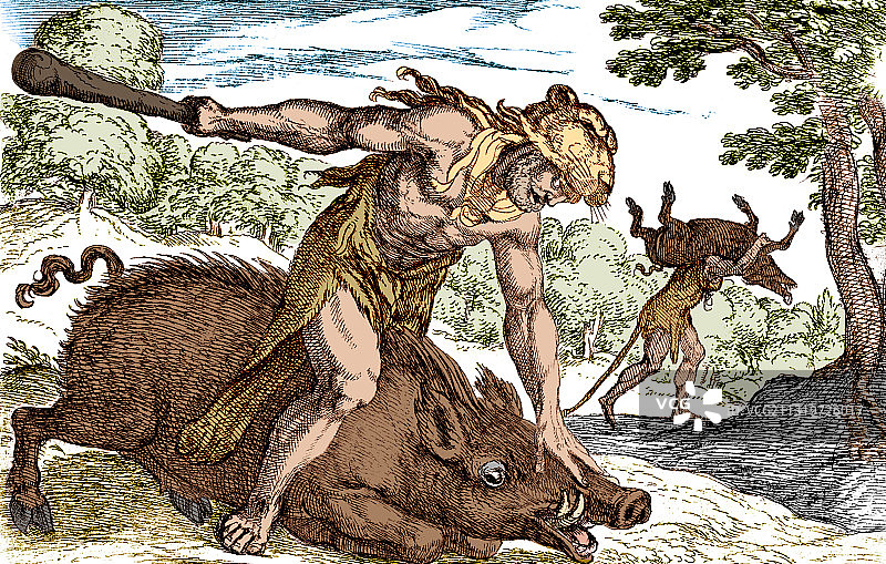 赫拉克勒斯的劳动，俘获厄律曼提斯的野猪图片素材