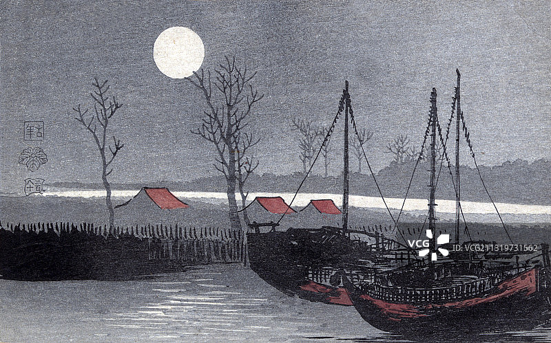 日本帆船，月光之夜，20世纪图片素材