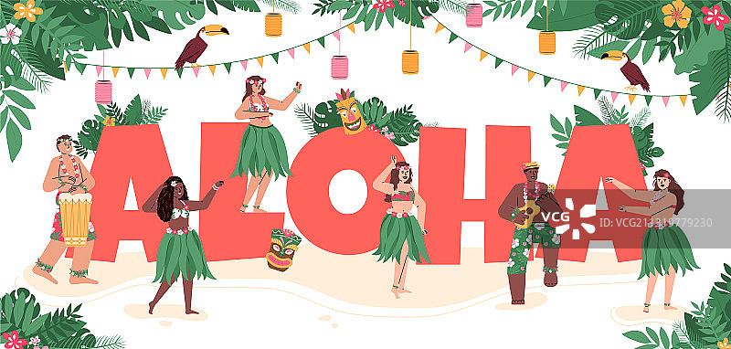 夏威夷人跳舞阿罗哈标志装饰扁平图片素材