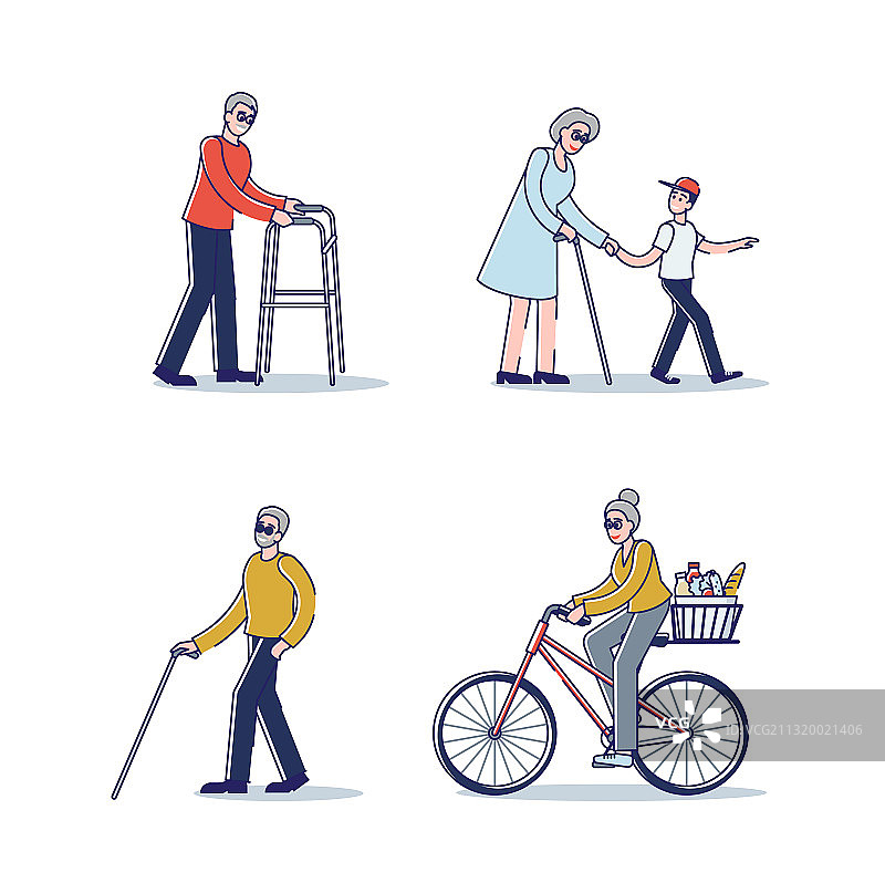 设置老年人拄着拐杖站立行走图片素材