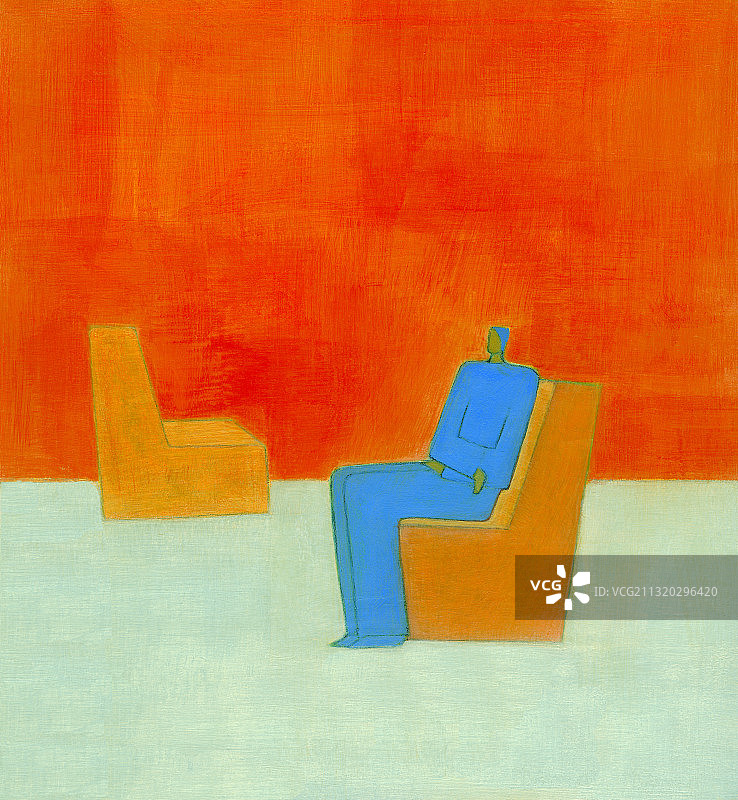 穿蓝色衣服的人坐在橙色沙发上。插图。图片素材