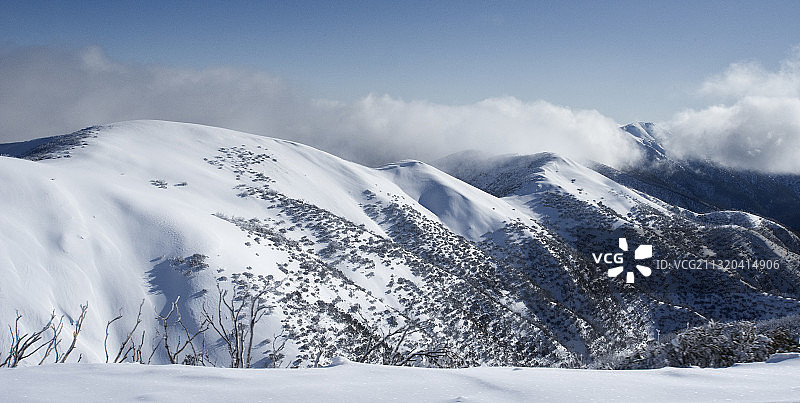 从Hotham滑雪场到白雪覆盖的Feathertop山和Razorback山脊，澳大利亚维多利亚州图片素材