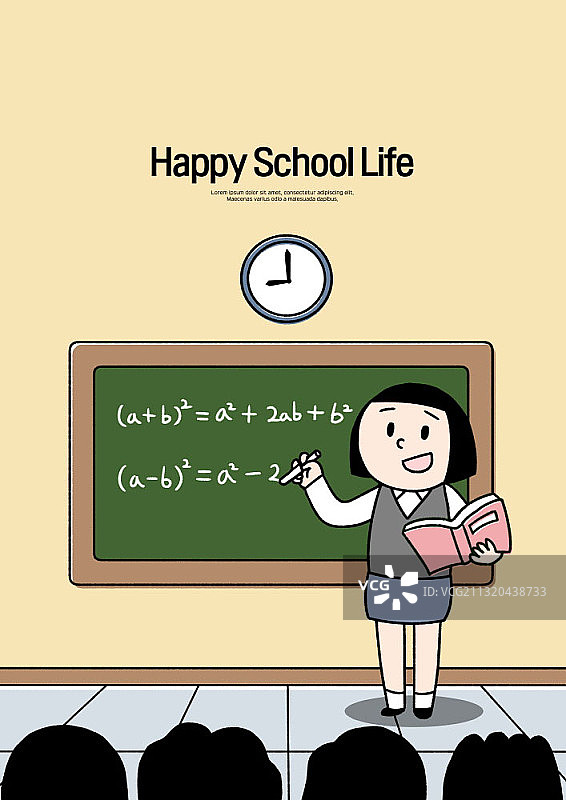 快乐的学校生活主题插图的女学生解释关于数学问题在黑板前图片素材