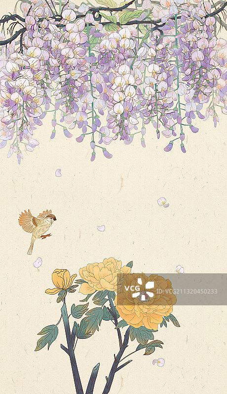春日牡丹紫藤工笔绘画插图图片素材