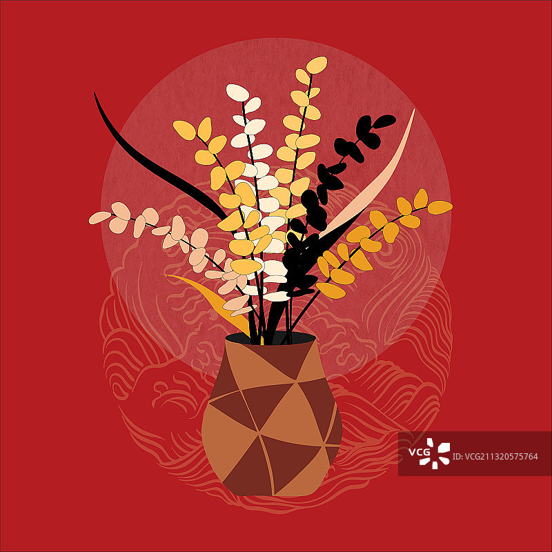 中国传统扁平手绘花卉插花装饰图图片素材