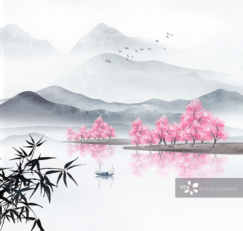 手绘中国风春天桃花山水插画背景图片素材