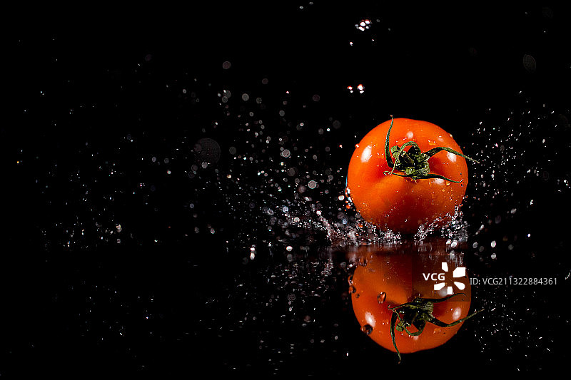 特写的西红柿在水对黑色的背景图片素材