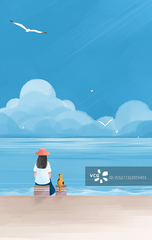 小清新插画坐在海边的女孩和猫咪图片素材