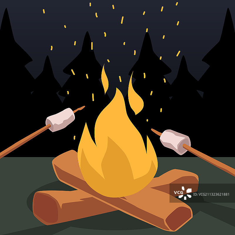 在篝火上烤棉花糖卡通符号图片素材