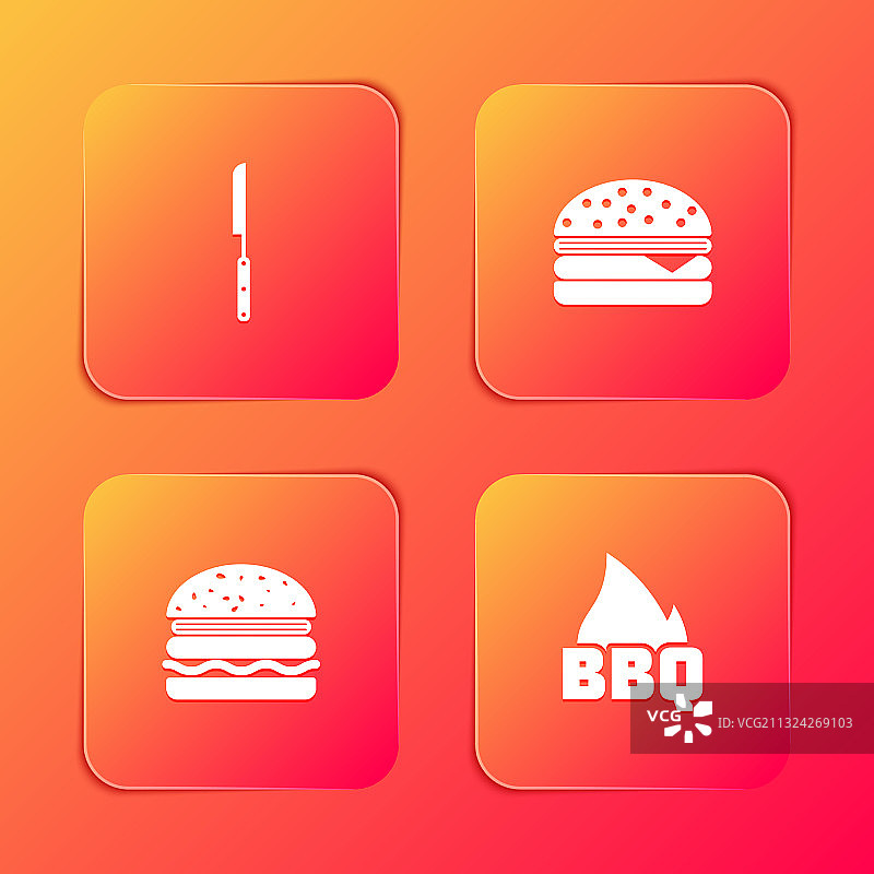 设置烧烤刀汉堡和火焰火焰图标图片素材