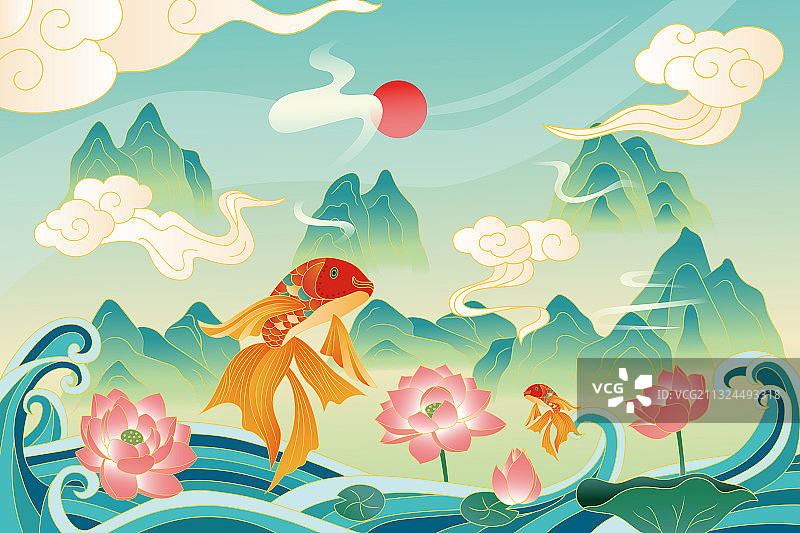荷塘与金鱼中国风矢量插画图片素材