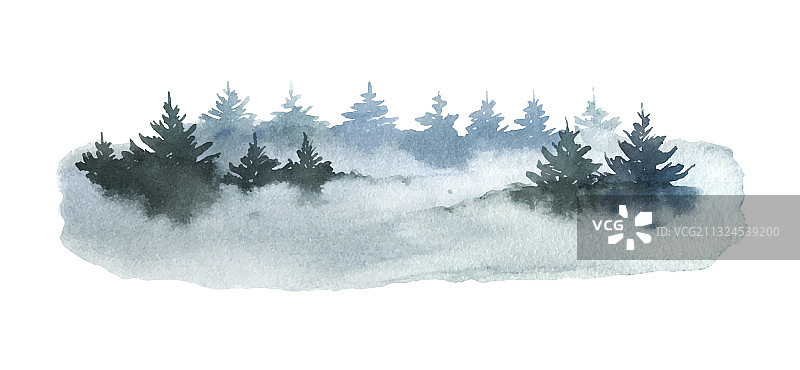 水彩画的冬季景观与冷杉树图片素材