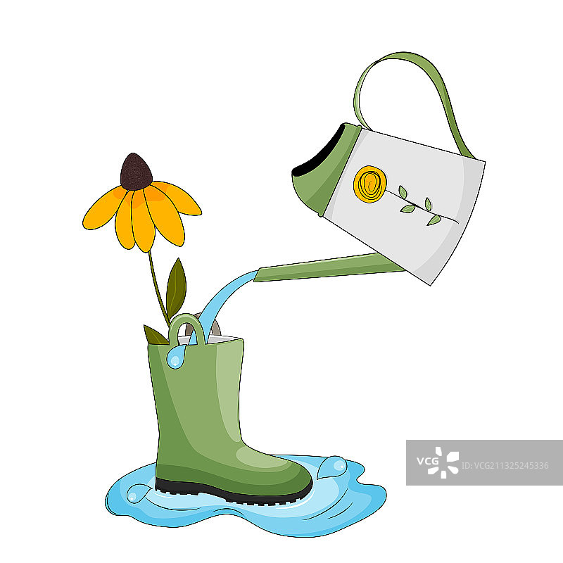 绿色橡胶靴与花和喷壶图片素材
