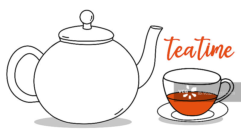茶壶杯和题字茶时间手绘图片素材