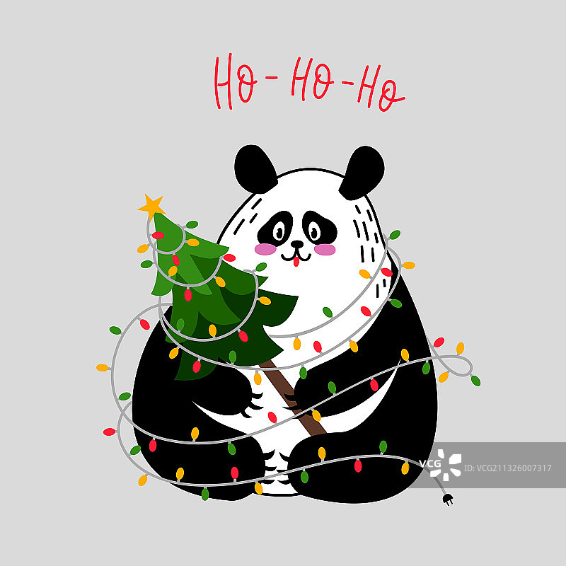 熊猫带着圣诞树和花环过节图片素材