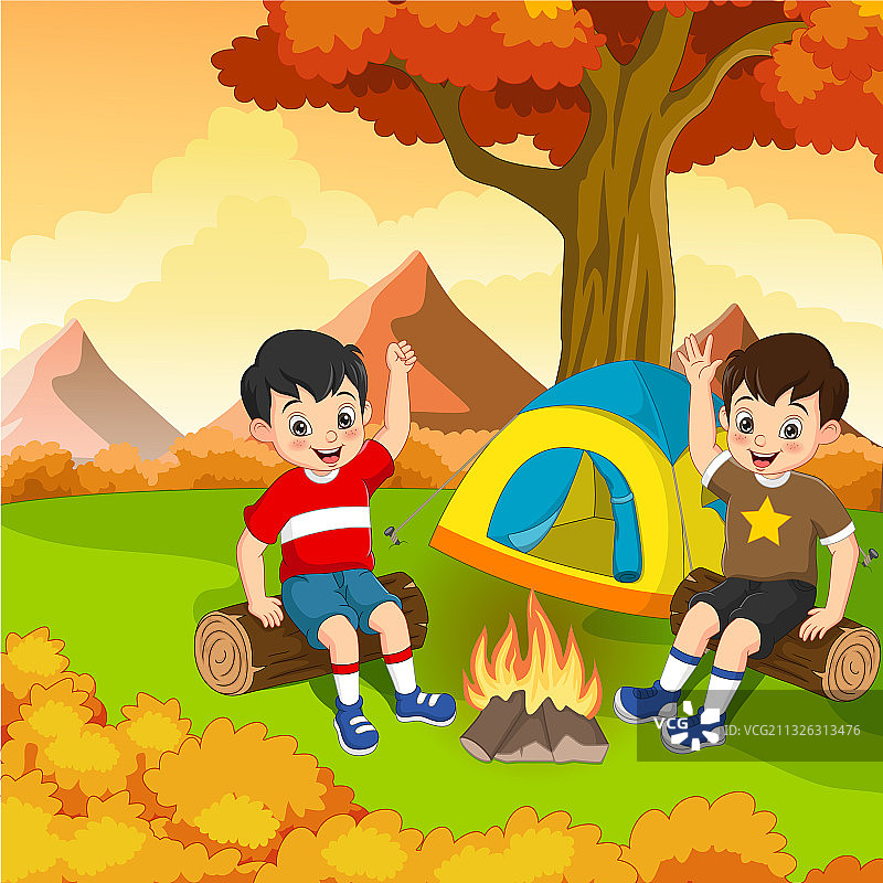 卡通儿童露营与营火和帐篷图片素材