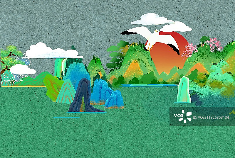 重彩青绿山水国潮风海报背景四季24节气环保地球日图片素材