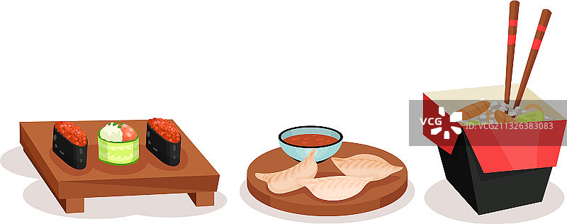 寿司和饺子放在木板上图片素材