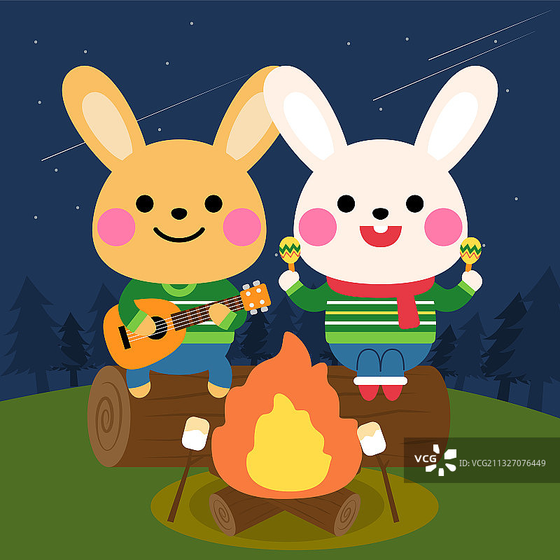 兔子在篝火前演奏音乐图片素材