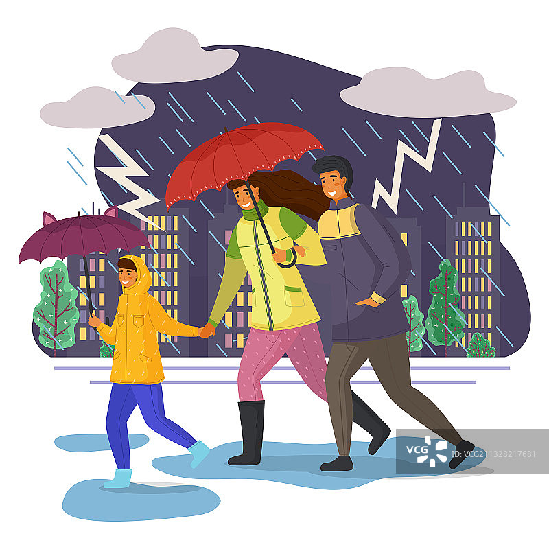 家人在雨中行走，撑着伞奔跑图片素材