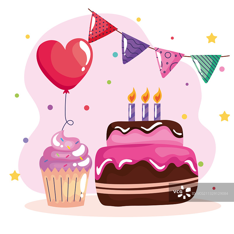 带花环和气球的生日蛋糕图片素材