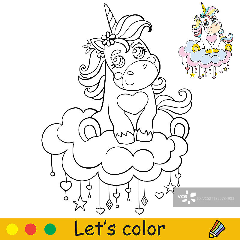 可爱的独角兽坐在云朵上着色图片素材