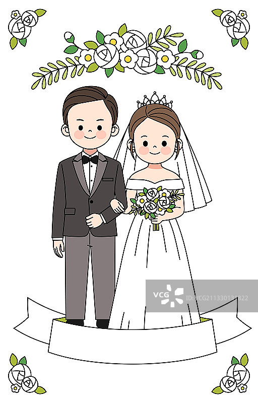 一对卡通新郎新娘结婚照插画图片素材