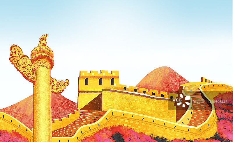 手绘中国长城背景插画建党节100周年背景图片素材