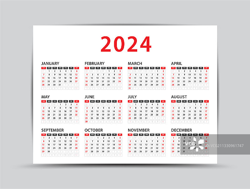 2024年日历- 12个月的日历图片素材